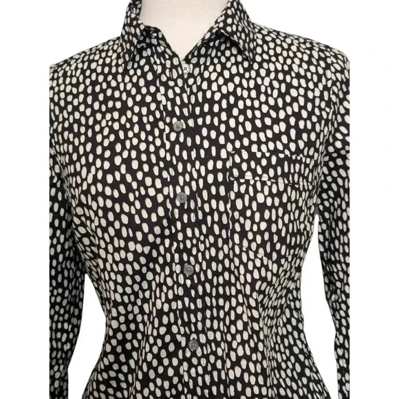 J.Crew Women's Small Button Up Blouse Black with White & Tan Dots Front Pocket - Picture 2 of 10